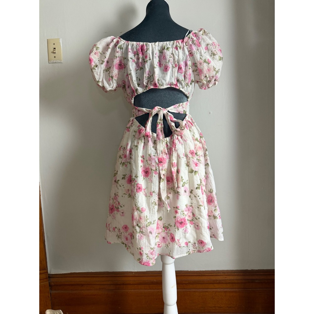 Pink Floral Puff Sleeve open Back Mini Dress XL Cottagecore milkmaid Princess XL - Picture 3 of 14